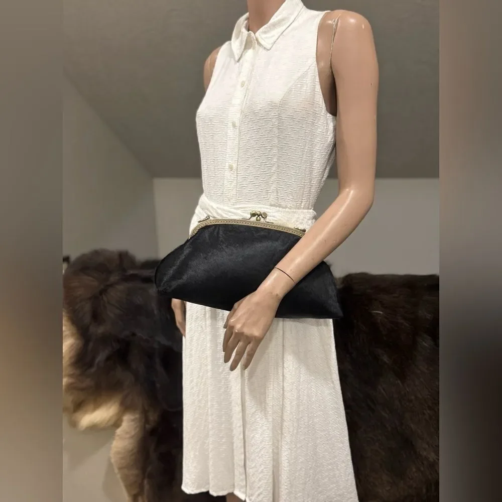 Black Real Hair-on-horsehide Handsewn Double Kiss-lock Clutch Bag/Crossbody